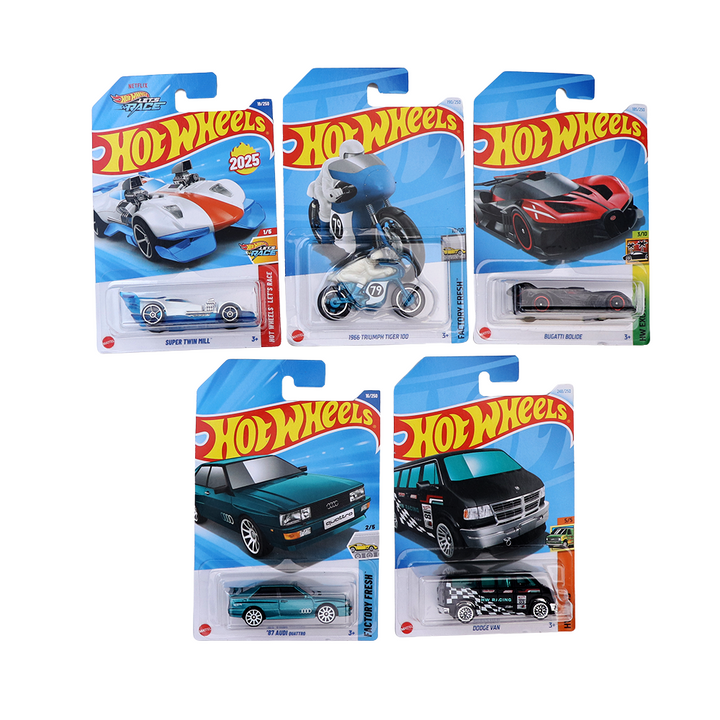 Set of 5 Hot wheels [HW 248] - '87 AUDI Quattro, Dodge Van, Bugatti Bolide, Super Twin Mill, 1966 Triumph Toger 100