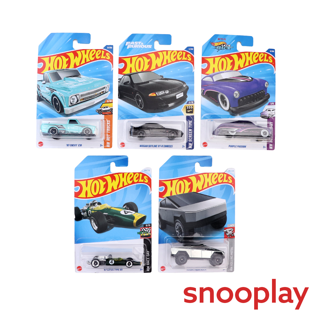 Set of 5 Hot wheels [HW 249] - Tesla Cybertruck, '67 Chevy C10, '67 Lotus Type 49, Nissan Skyline GT-R (BNR32), Purple Passion