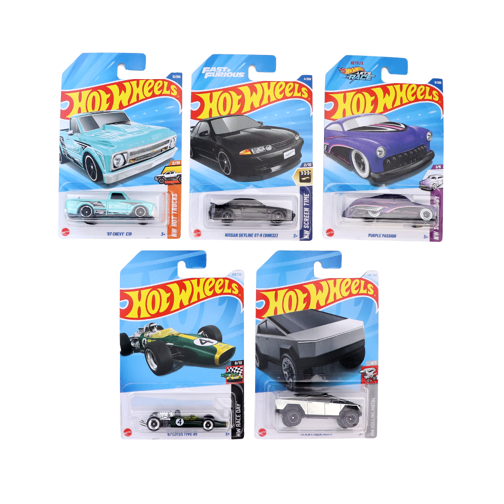 Set of 5 Hot wheels [HW 249] - Tesla Cybertruck, '67 Chevy C10, '67 Lotus Type 49, Nissan Skyline GT-R (BNR32), Purple Passion