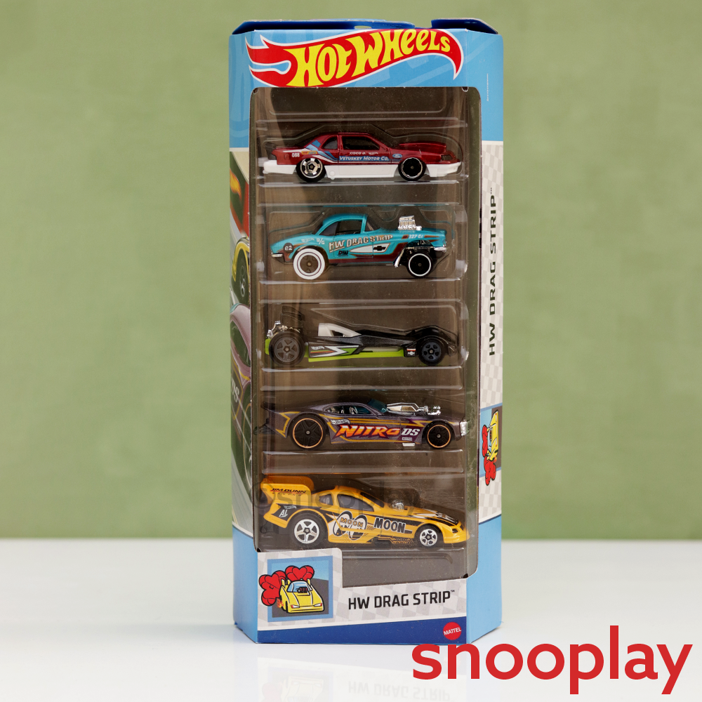 Diecast Hotwheels HW Drag Strip (1988 Ford T-Bird, 1962 Corvette Gasser, Hot Wired, Nitro Doorslammer, Mustang Funny Car) - Pack of 5 | COD Not Available