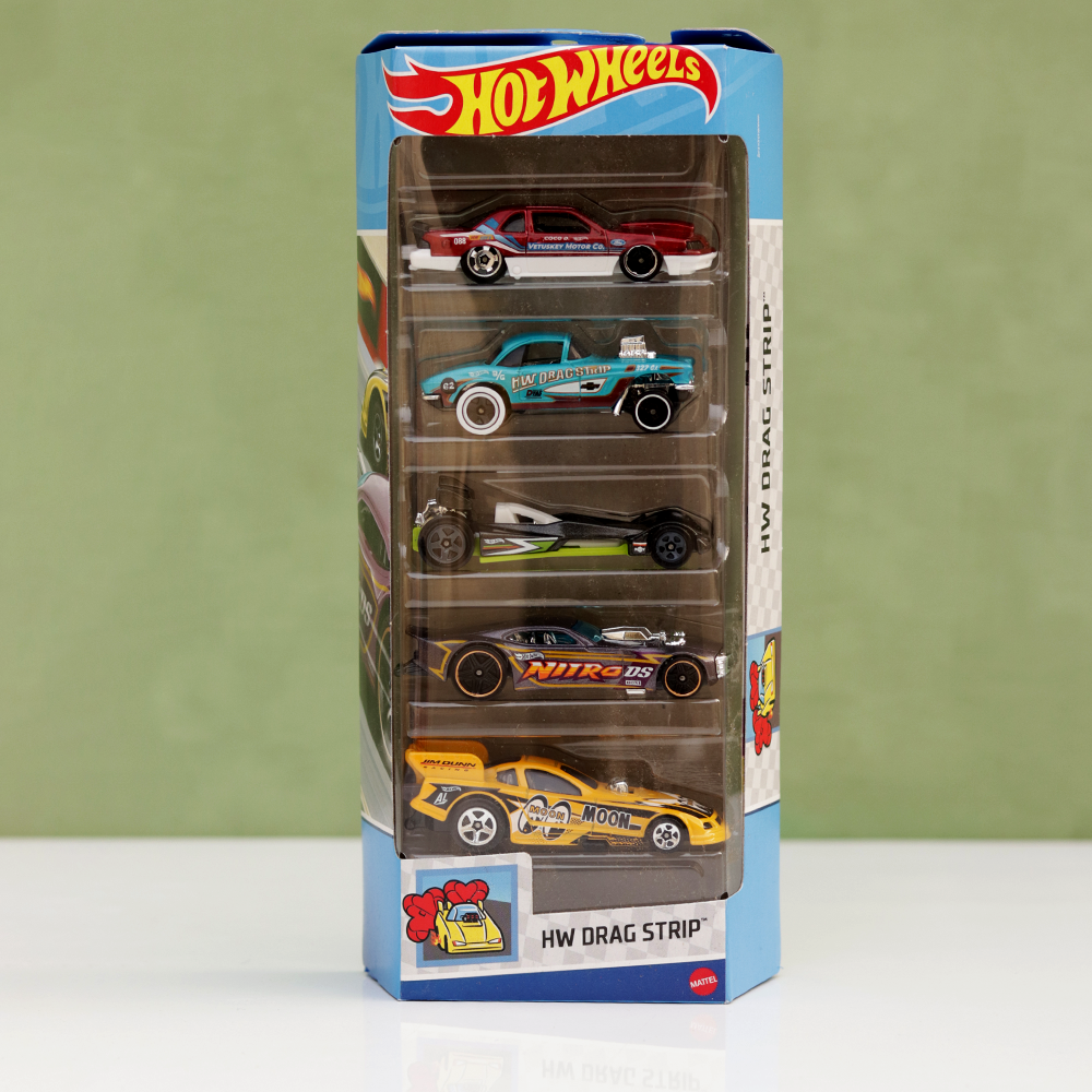 Diecast Hotwheels HW Drag Strip (1988 Ford T-Bird, 1962 Corvette Gasser, Hot Wired, Nitro Doorslammer, Mustang Funny Car) - Pack of 5 | COD Not Available