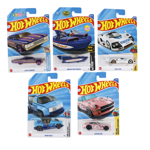Set of 5 Hot wheels [HW 437] - Mazda 787B, Rapid Pulse, 1966 Bat Boat/Bateau, Datsun 240Z, Layin' Lowrider