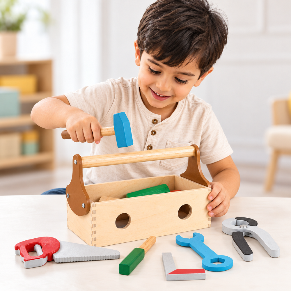 Chanak Wooden Tool Kit Pretend Playset for Kids - 7 Pieces | Montessori Construction Toy Box