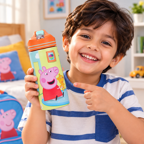 Peppa Pig Non-Insulated Steel Sipper Water Bottle – 500ml Orange | Cute Cartoon Design | Reusable Kids School & Travel Bottle | 3+ Years