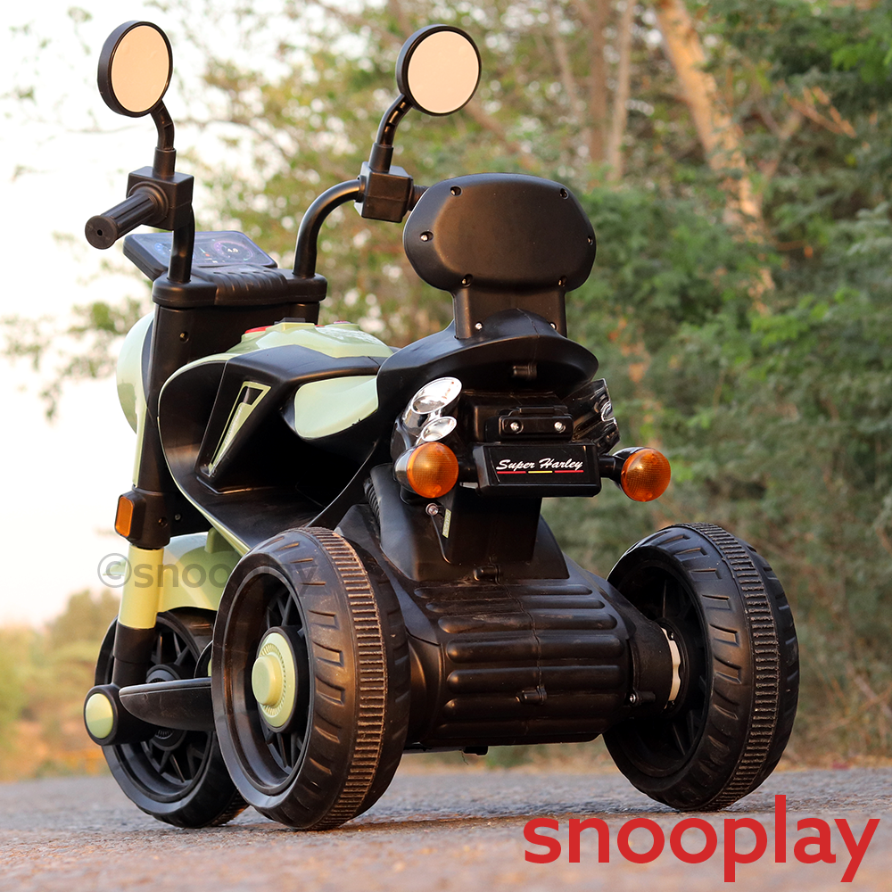 Electric Ride-On Bike (resembling Harley, 3 Wheel Stability, Realistic Features, Music) | COD not Available