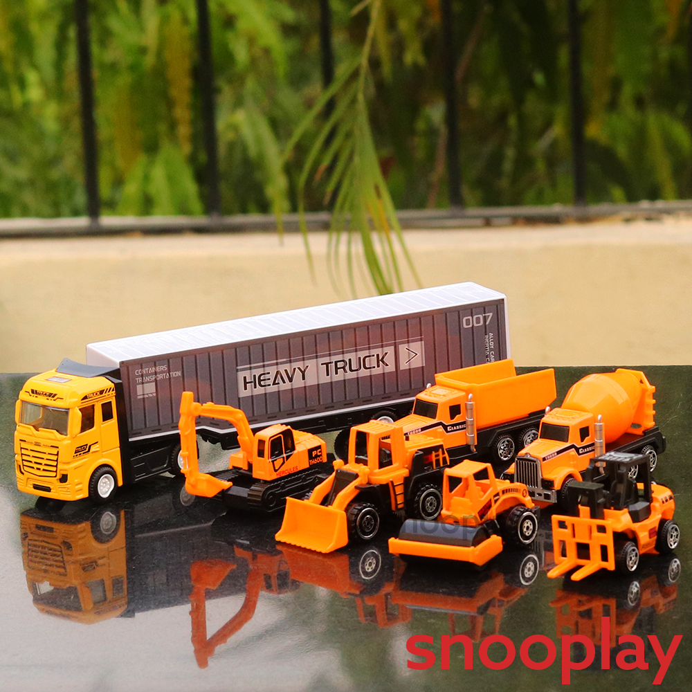 7 in 1 Heavy Duty Truck with Construction Vehicle Set (6 Construction Vehicle & 1 Truck) | Metal & Plastic
