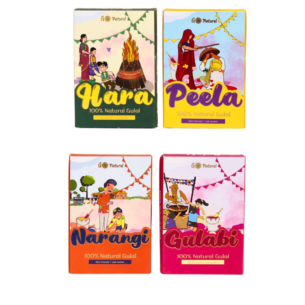 4 Pack of 100% Go Natural Gulal - Gulabi, Narangi, Hara & Peela (100g Each)
