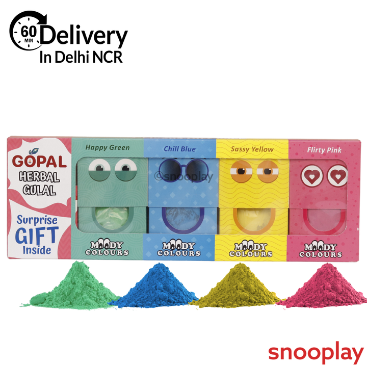 Gopal Herbal Gulal Kit - 4 Gulal (French Perfume Fragrance) & 1 Surprise Gift Inside | Moody Colors