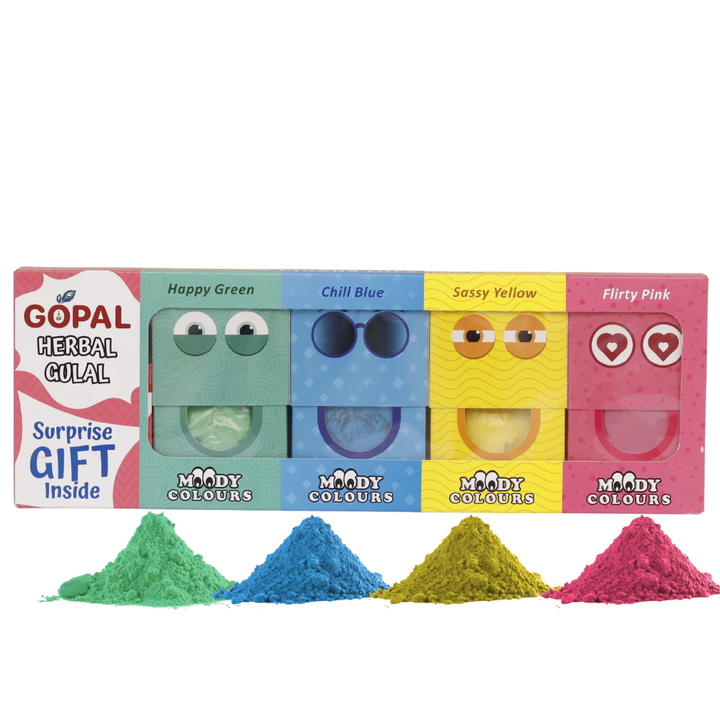 Gopal Herbal Gulal Kit - 4 Gulal (French Perfume Fragrance) & 1 Surprise Gift Inside | Moody Colors
