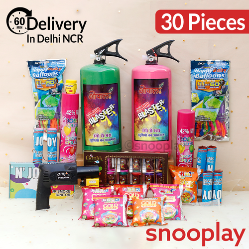 Holi Fiesta Combo: 2 Cylinders (4kg), 2 Snow Spray (750ml), Blaster, Fog Ignitors, Balloons, Gulaals, Water Colors and More | Assorted Colors & Prints