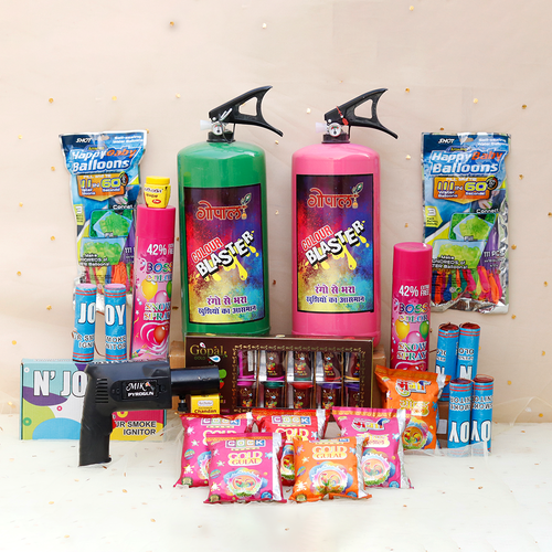 Holi Fiesta Combo: 2 Cylinders (4kg), 2 Snow Spray (750ml), Blaster, Fog Ignitors, Balloons, Gulaals, Water Colors and More | Assorted Colors & Prints