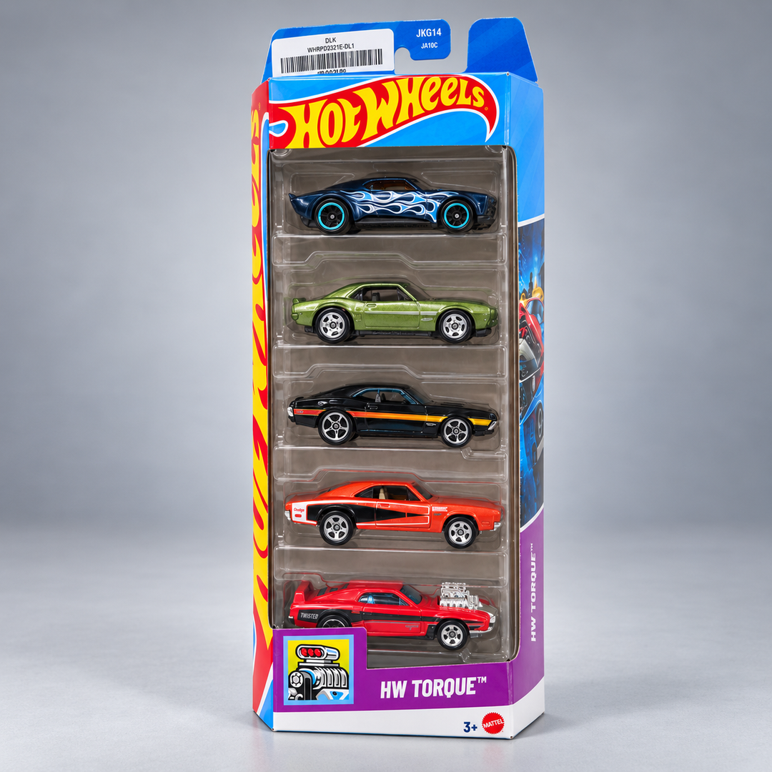 Hot Wheels Set of 5 HW Torque - '72 Ford Gran Torino Sport, Rivited, '69 Dodge Charger 500, Custom / Personalise '67 Pontiac Firebird, Muscle Bound