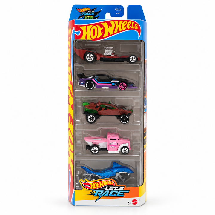 Hot Wheels Set of 5 Let's Race - GT Scorcher, Shark Bite / Requin Mordeur, Gotta Go, Sandivore, Madfast