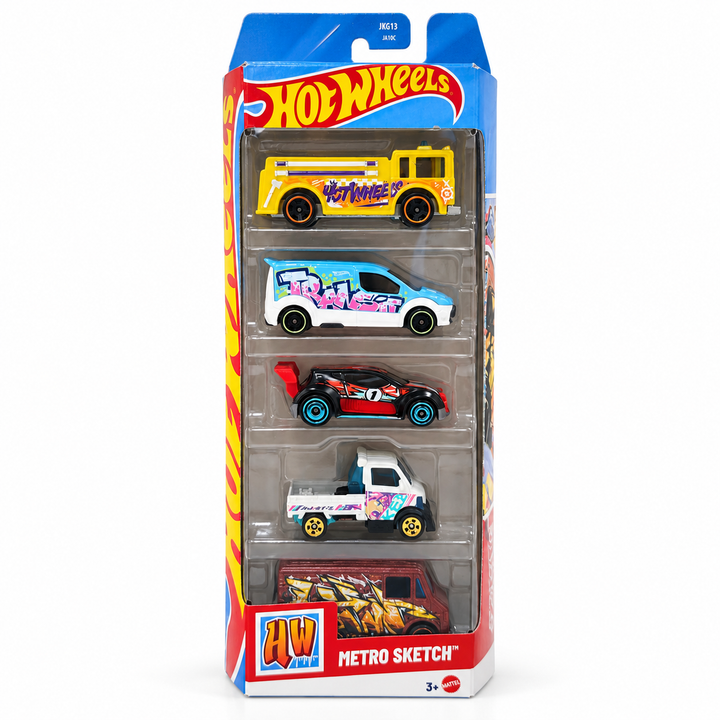Hot Wheels Set of 5 Metro Sketch - Fire Eater, Hot Wheels Ford Transit Connect, HW Fast 4WD, Combat Medic, Mighty K