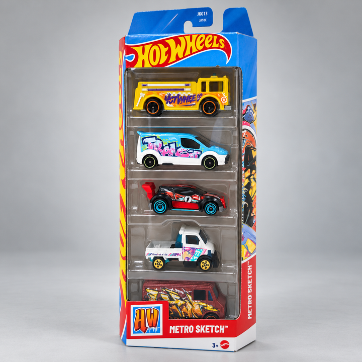 Hot Wheels Set of 5 Metro Sketch - Fire Eater, Hot Wheels Ford Transit Connect, HW Fast 4WD, Combat Medic, Mighty K