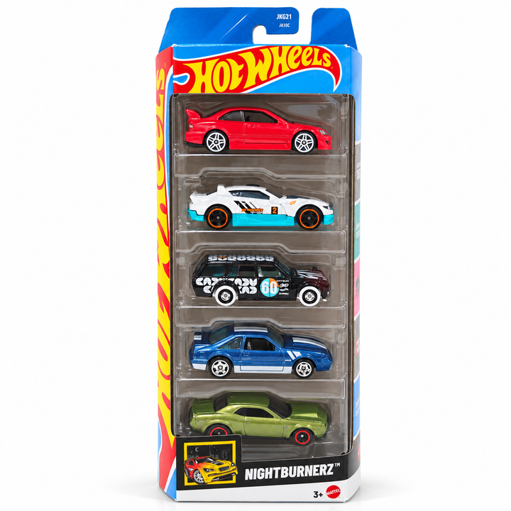 Hot Wheels Set of 5 Nightburnerz - '18 Dodge Challenger SRT Demon, '92 Ford Mustang, Datsun 510 Wagon / Remorque, Honda Civic Si, Rally Cat