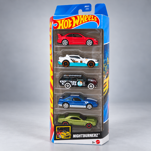 Hot Wheels Set of 5 Nightburnerz - '18 Dodge Challenger SRT Demon, '92 Ford Mustang, Datsun 510 Wagon / Remorque, Honda Civic Si, Rally Cat