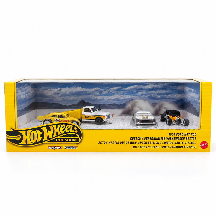 Hot Wheels Premium Collector Set – 1934 Ford Hot Rod, Custom Volkswagen Beetle, Aston Martin DB4GT & 1972 Chevy Ramp Truck