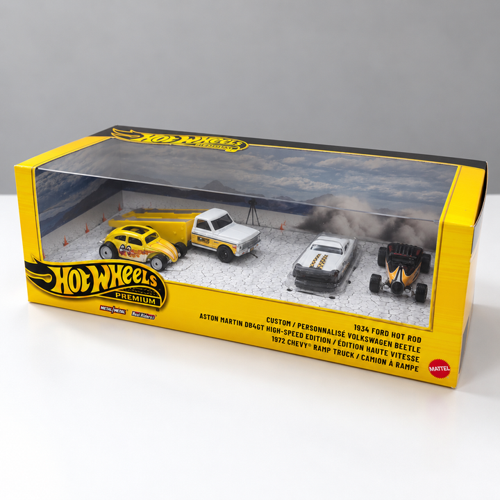 Hot Wheels Premium Collector Set – 1934 Ford Hot Rod, Custom Volkswagen Beetle, Aston Martin DB4GT & 1972 Chevy Ramp Truck