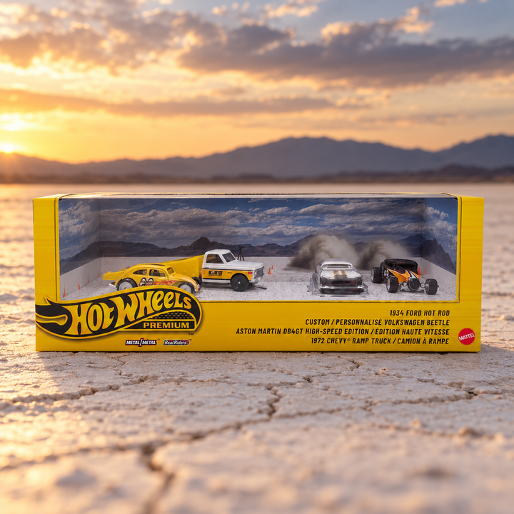 Hot Wheels Premium Collector Set – 1934 Ford Hot Rod, Custom Volkswagen Beetle, Aston Martin DB4GT & 1972 Chevy Ramp Truck