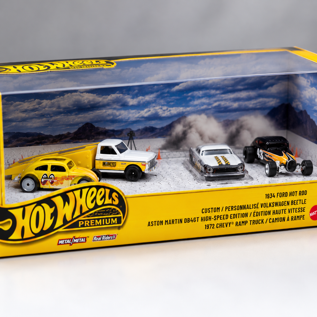 Hot Wheels Premium Collector Set – 1934 Ford Hot Rod, Custom Volkswagen Beetle, Aston Martin DB4GT & 1972 Chevy Ramp Truck