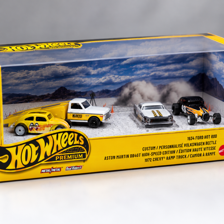 Hot Wheels Premium Collector Set – 1934 Ford Hot Rod, Custom Volkswagen Beetle, Aston Martin DB4GT & 1972 Chevy Ramp Truck