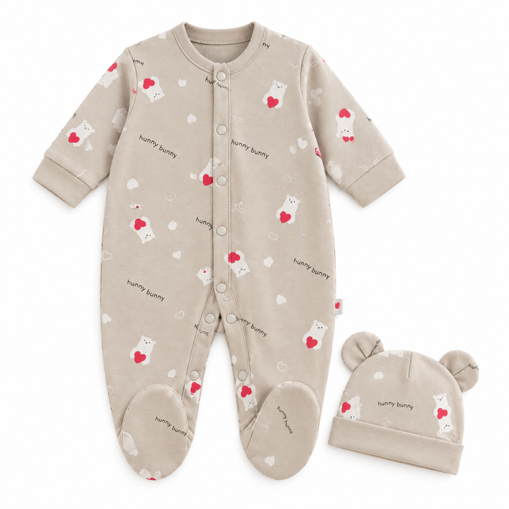 Baby Naturelle Cotton Knit Newborn Romper with Cap - Grey