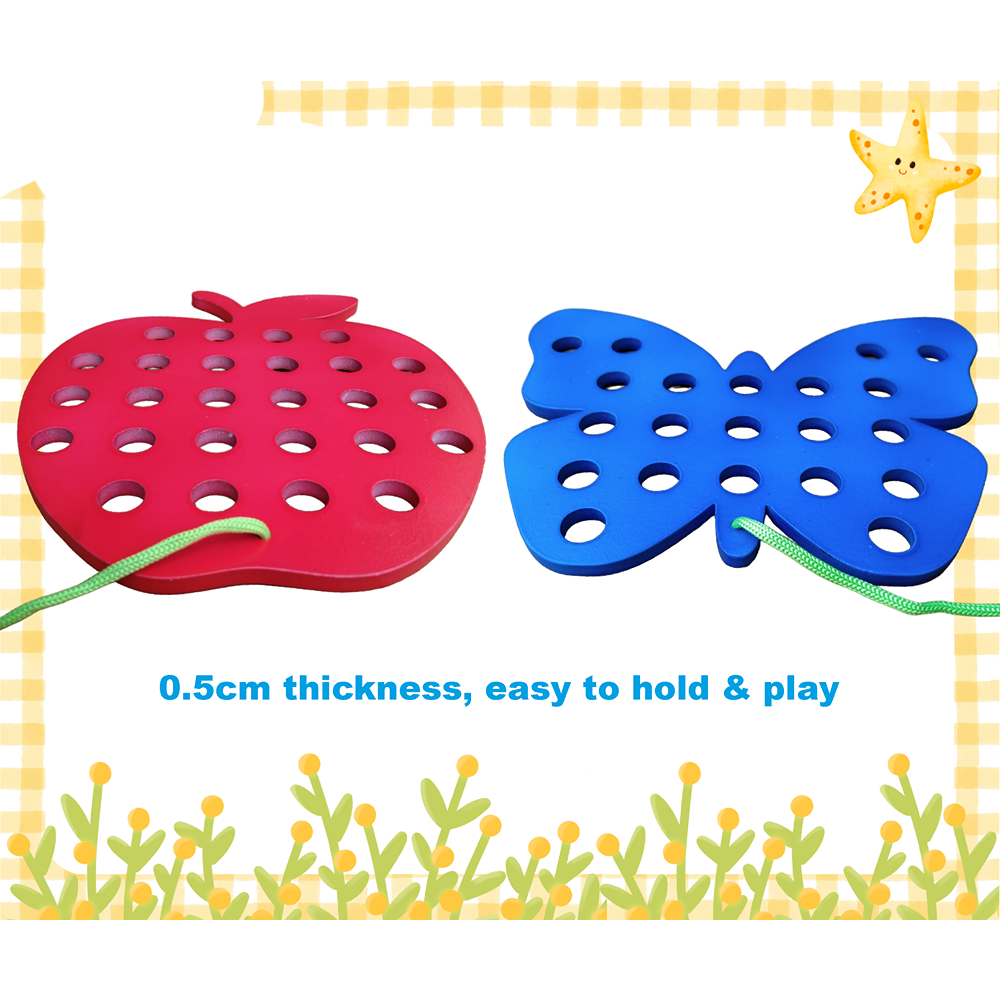 Wooden Lacing Toy - Set of Two (Apple and Butterfly Shape)