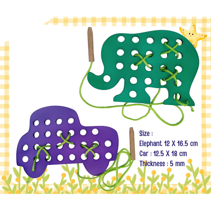 Wooden Lacing Toy - Set of Two (Elephant+Car Shape)