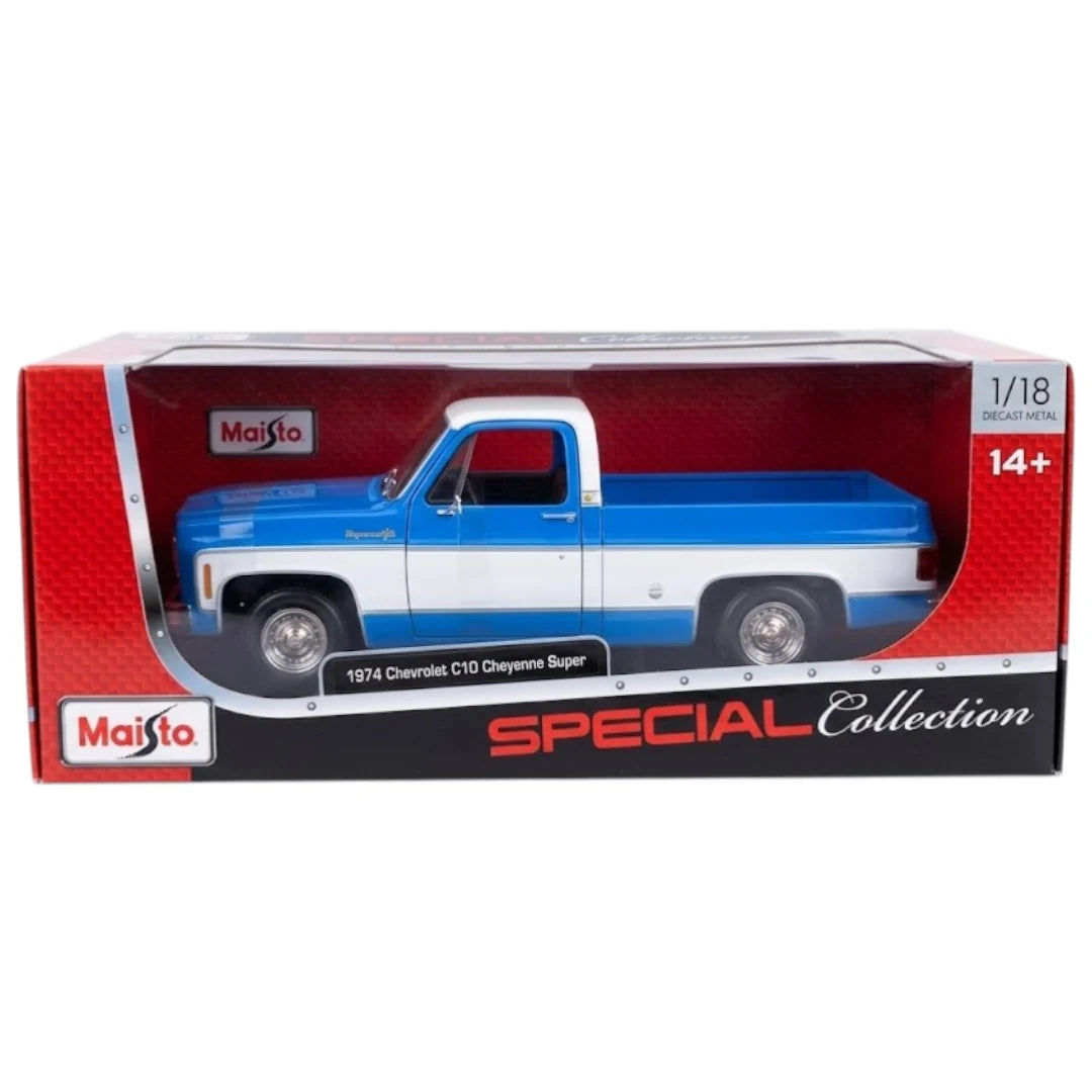 Maisto Original 1974 Chevrolet C10 Cheyenne Super Licensed Diecast Car | 1:18 Scale (14 Years till Grown Ups)