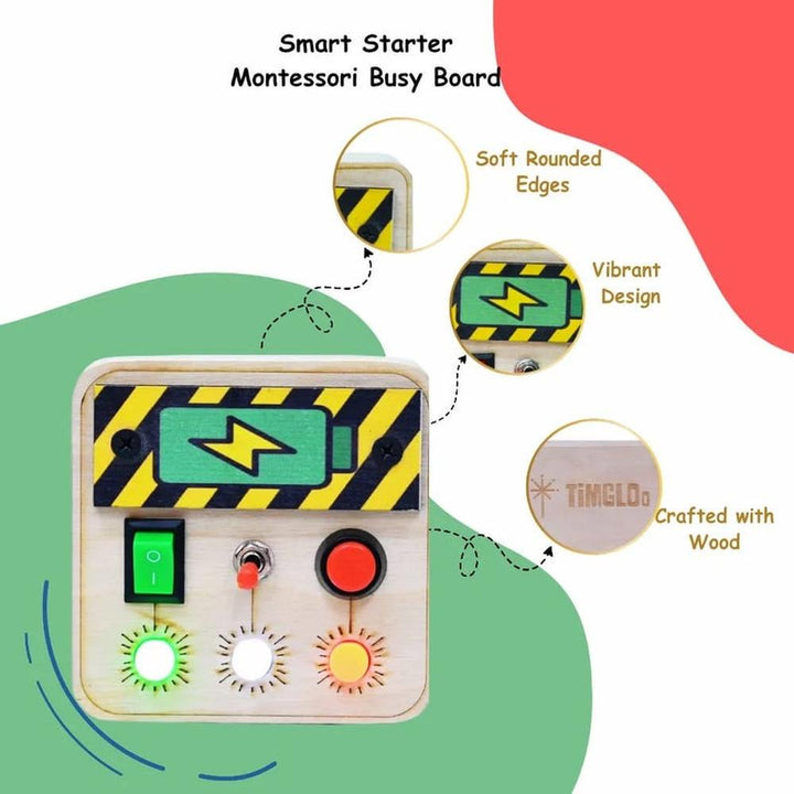 Timgloo Smart Starter Montessori Busy Board - Wooden Sensory Board with Lights, Switches & Gears (1-6 Years)