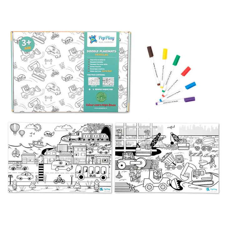 PepPlay Doodle Placemats - Vehicles Series | Reusable Colour & Learn Fun