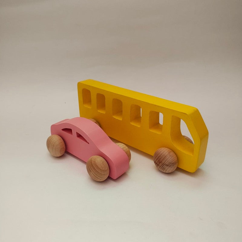 Colourful Commute Wooden Cars Combo of Two | Yellow School Van and Pink car | Push Pull Toy