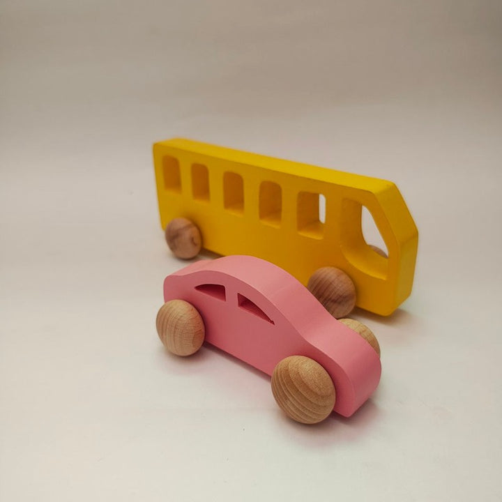 Colourful Commute Wooden Cars Combo of Two | Yellow School Van and Pink car | Push Pull Toy