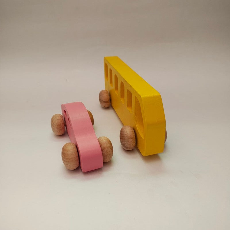 Colourful Commute Wooden Cars Combo of Two | Yellow School Van and Pink car | Push Pull Toy