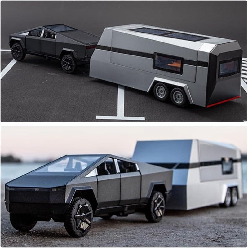 Resembling Tesla Cyber Truck with Pick Up Trailer | Lights & Sounds | 1:32 Scale Model | Assorted Colors (14 Years Till Grown Ups)