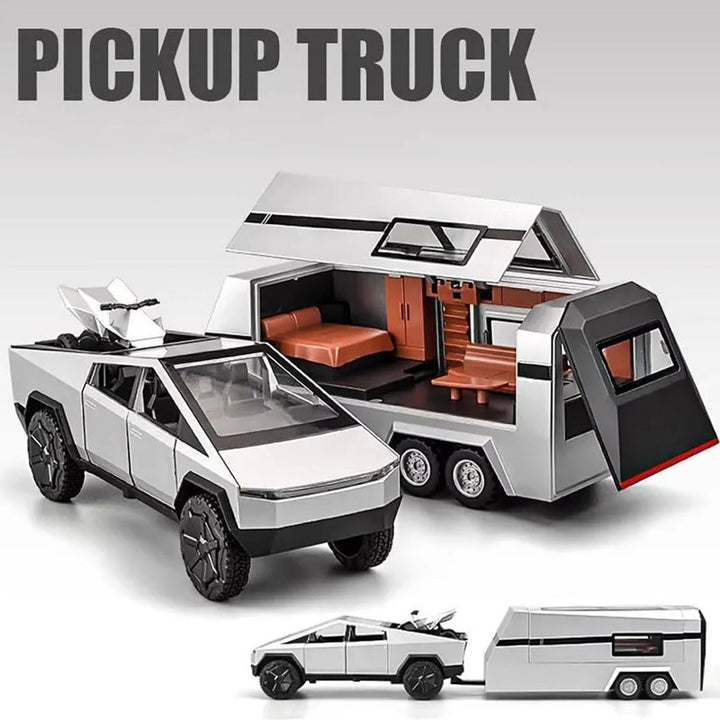 Resembling Tesla Cyber Truck with Pick Up Trailer | Lights & Sounds | 1:32 Scale Model | Assorted Colors (14 Years Till Grown Ups)