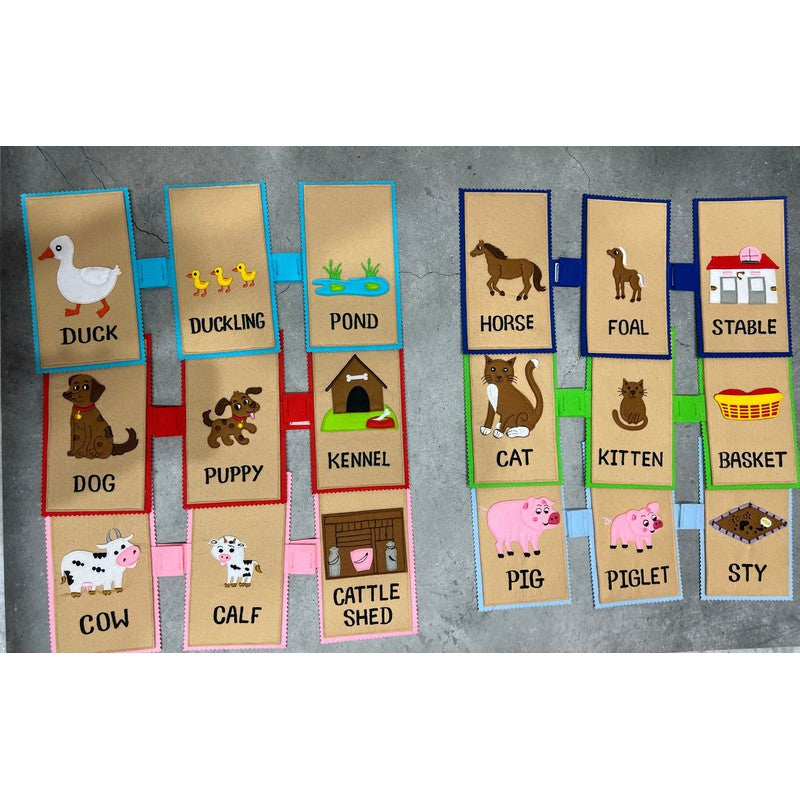Animals, babies and their Homes (Farm animals) Felt Flash Cards