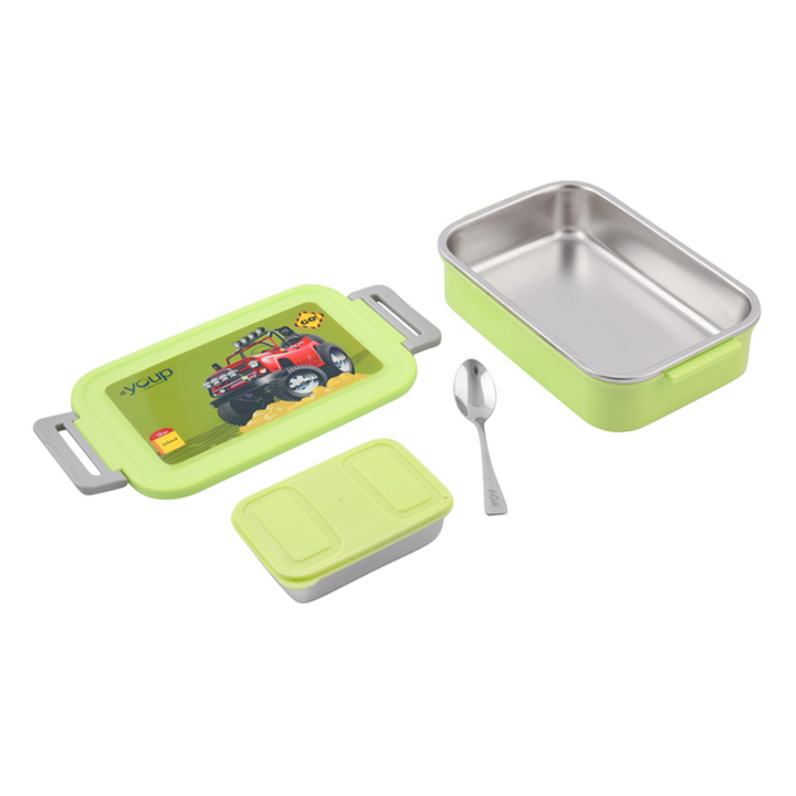 Youp Stainless Steel Lime Green Color Cars Theme Kids Lunch Box FOODIE - 850 ml