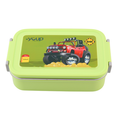 Youp Stainless Steel Lime Green Color Cars Theme Kids Lunch Box FOODIE - 850 ml