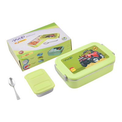 Youp Stainless Steel Lime Green Color Cars Theme Kids Lunch Box FOODIE - 850 ml