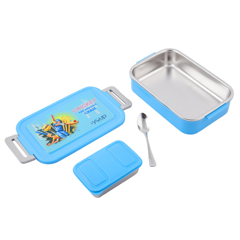 Youp Stainless Steel Blue Color Cricket Theme Kids Lunch Box FOODIE - 850 ml