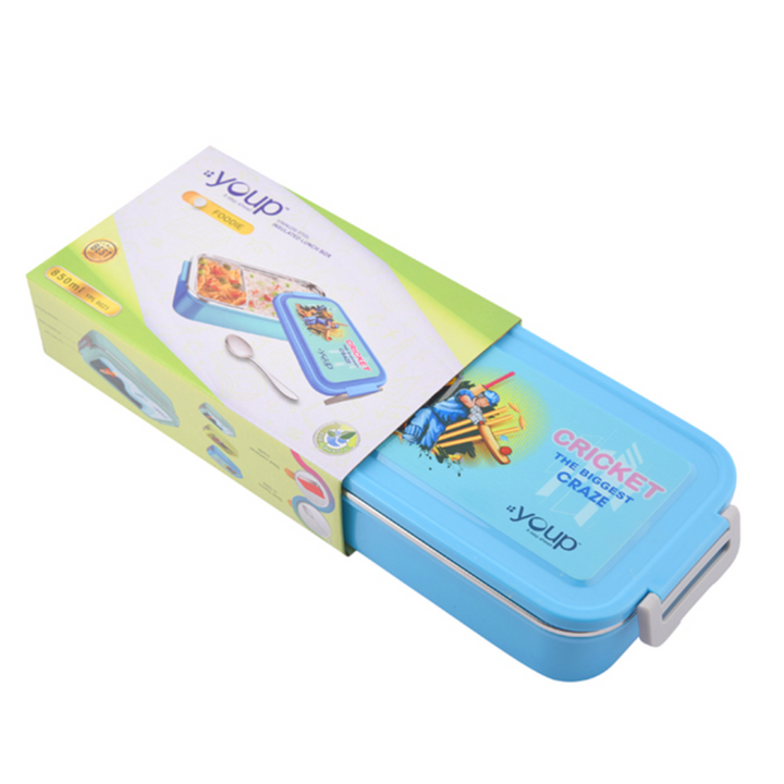 Youp Stainless Steel Blue Color Cricket Theme Kids Lunch Box FOODIE - 850 ml