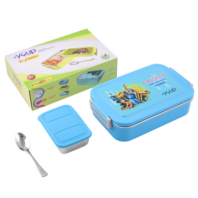 Youp Stainless Steel Blue Color Cricket Theme Kids Lunch Box FOODIE - 850 ml