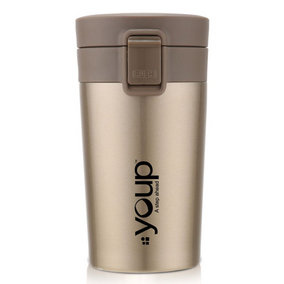 Youp Thermosteel Insulated Metallic Gold Color Coffee Mug with press to open cap - 350 ml