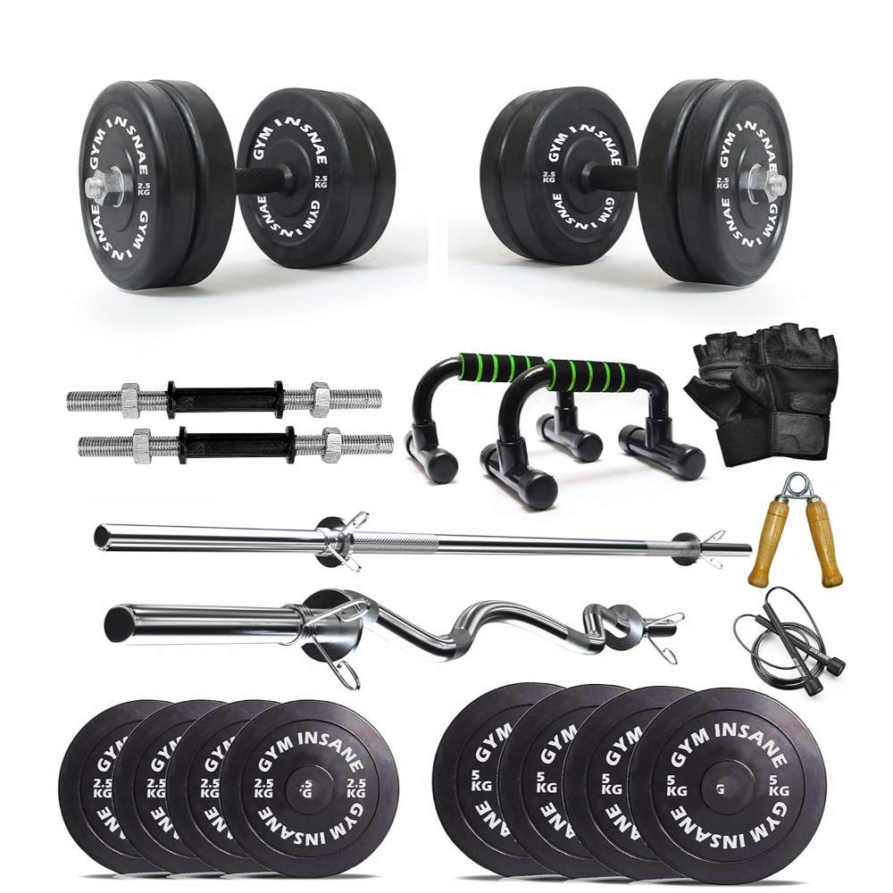 Workout Gym Kit (Rubber Plate ,1 Straight Rod, 1 Curl Rod, 1 Dumbbell Rod, Gloves, 1 Skipping Rope, 1 Gripper, 4 Locks) | 18+ Years
