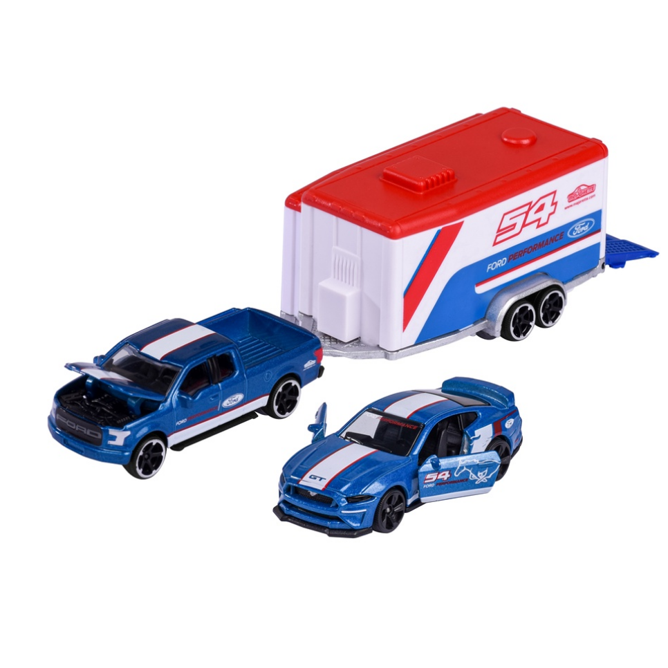 Licensed Diecast Ford F-150 Raptor and Mustang GT Toy Car with Race Trailer