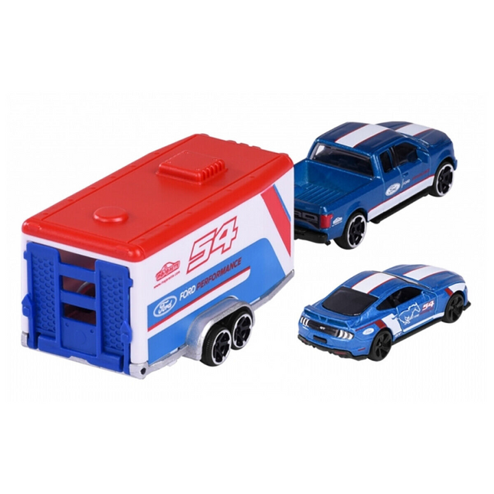 Licensed Diecast Ford F-150 Raptor and Mustang GT Toy Car with Race Trailer