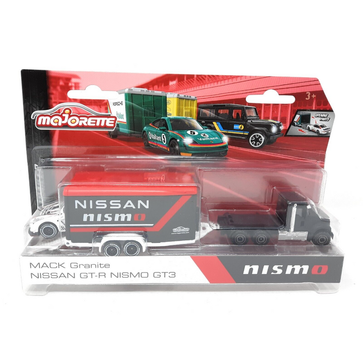 Licensed Diecast Nissan GT-R Nismo GT3 and Mack Granite Toy Car with Race Trailer