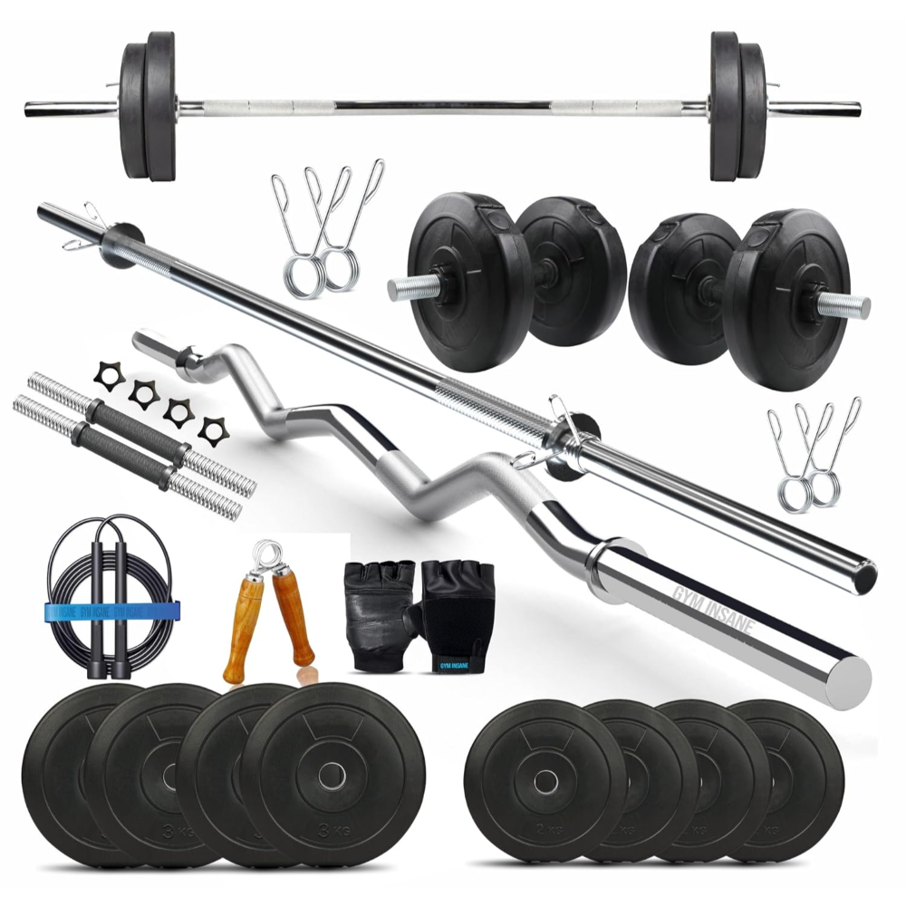 Home Gym Set (1 Curl Rod, 1 Straight Rod, 2 Dumbbell Rods, 1 Skipping Rope ,1 Hand Grip ,1 Pair Lock and 1 Pair Gym Gloves) | 30 Kg